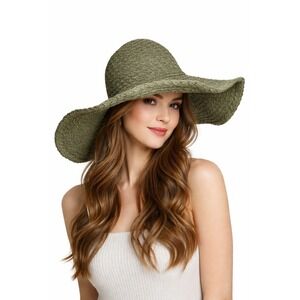 NWOT‎ Kokin New York Green Woven Wide Brim Wired Floppy Sun Hat Beach Summer